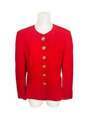 Vintage Akris Silk Blazer Jacket Sz 8 Red w Gold Toned Floral Buttons